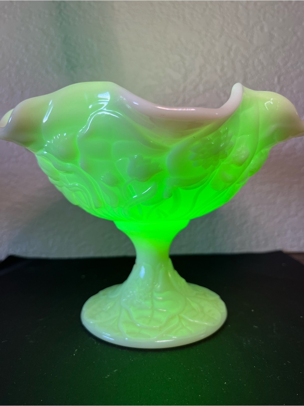Fenton Lime Sherbet Satin Water Lily Compote • Uranium Glass